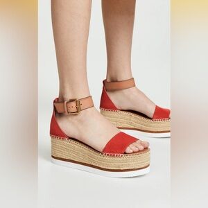 See by Chloe Glyn Mid Wedge Platform Espadrilles Suede Red 38